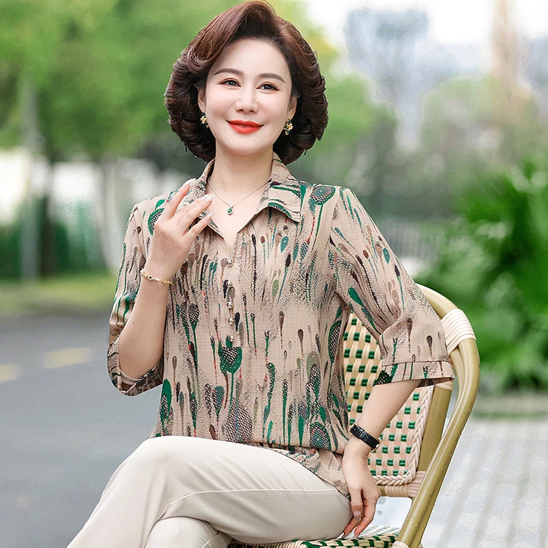 Summer Plus Size Shirt For Women's 2025 Printed Loose Top Mulberry Silk Blended Vacation Work Women's Clothing