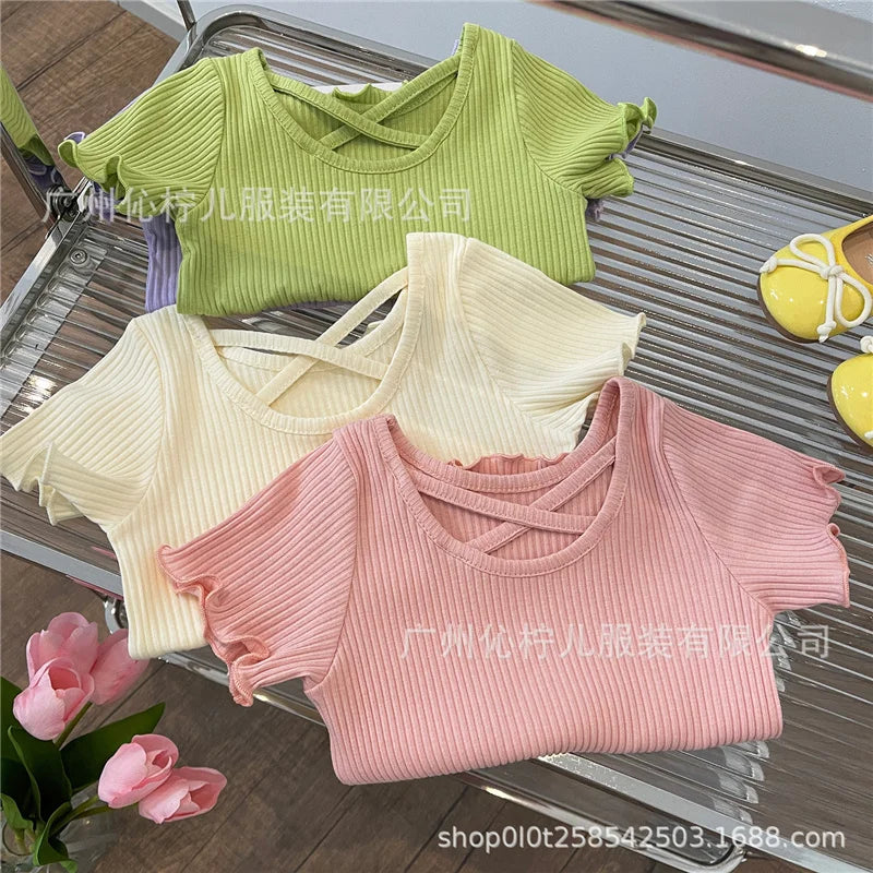 Summer Girls T-Shirt Kids Short Sleeved Thin Soft Tops Simple Solid Color Casual Children Clothing 2-6 Years Sweet Shirtthing