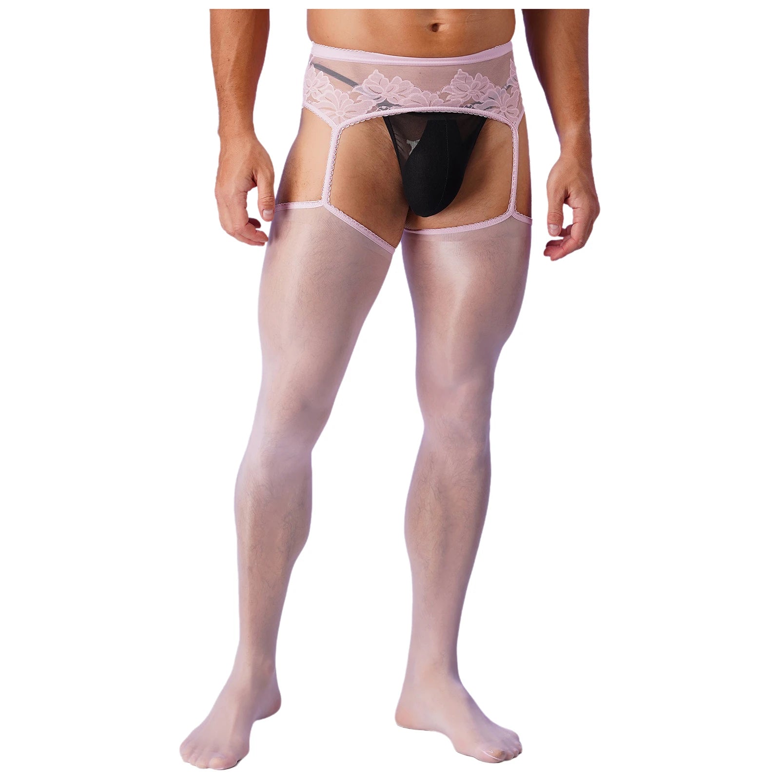 Lingerie Mens Ultra Thin Mesh Leggings Gays Pantyhose Floral Lace See Through Underpants Garter Stockings for Night Dating Wear