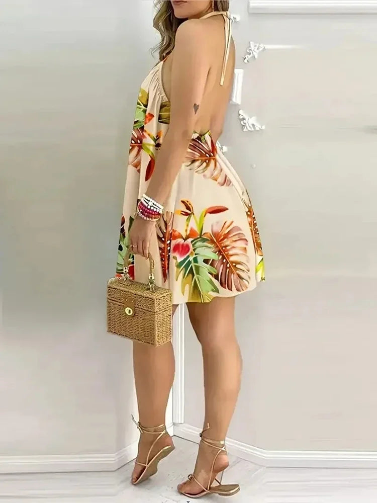 Summer Plus Size 1XL-5XL Women's Fashion Elegant Floral Print Halter Loose Dress Ladies Casual Sleeveless Summer Beach Dress