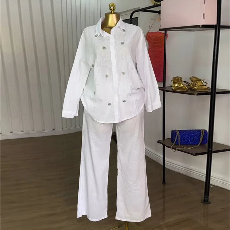 Pant Set Women Two Piece Sets Beaded Turn Down Collar Full Sleeve Shirt Single Breasted Wide Leg Long Pants Elastic Waist 2026