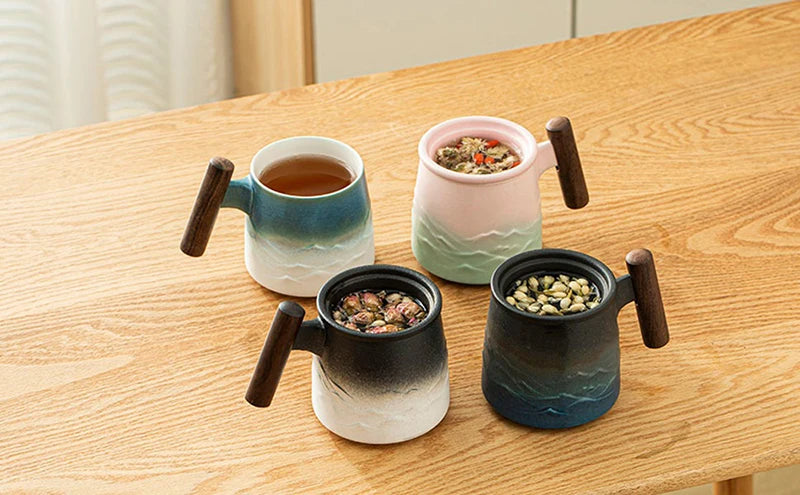 Creative Tea Cups and Mugs Ceramic Mug Thermal Coffee Cup Vintage Beer Water Cup Infuser Lid Wooden Handle Personalized Gifts