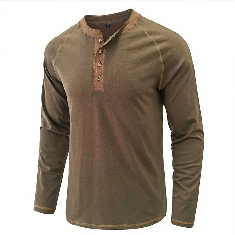 Summer  Autumn Men's American Heavy Cotton Henry Shirt  Long Sleeve Fitness Tough Guy T-Shirt Casual  T Shirt for Men Clothing