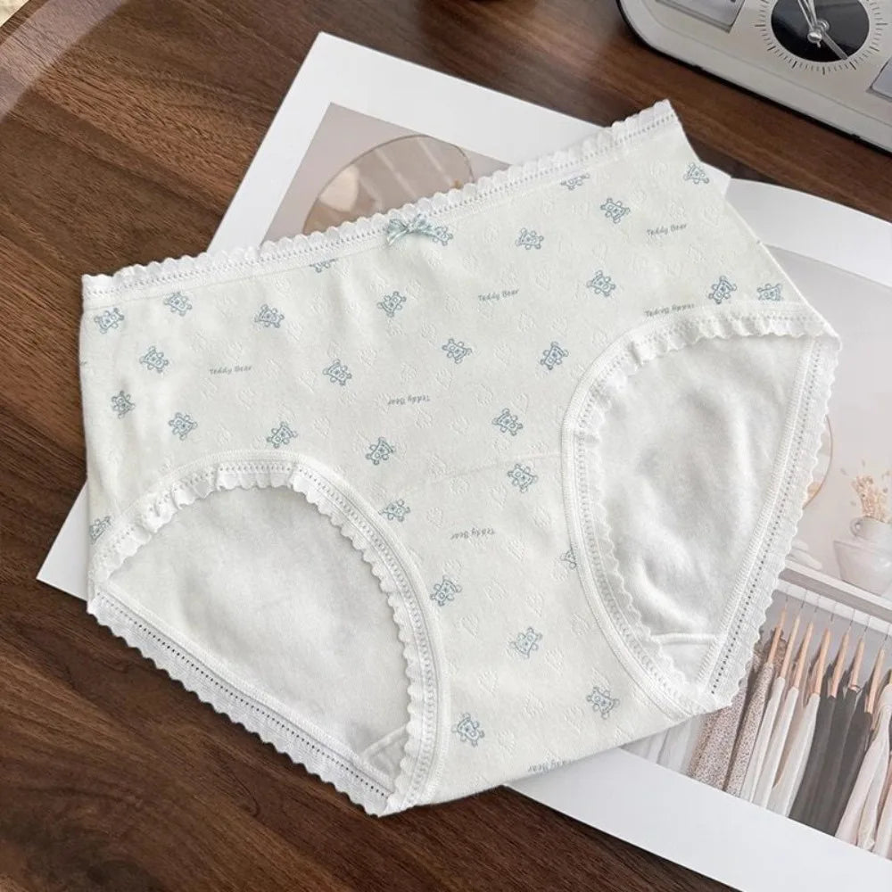 Lingerie Mid-waist Underwear for Women Bear Bow Sweet Floral Panties Underpants Grid Cotton Briefs Summer
