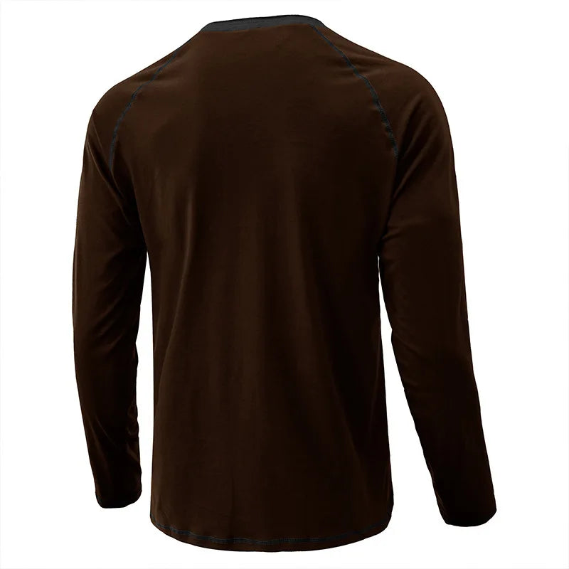 Summer  Autumn Men's American Heavy Cotton Henry Shirt  Long Sleeve Fitness Tough Guy T-Shirt Casual  T Shirt for Men Clothing