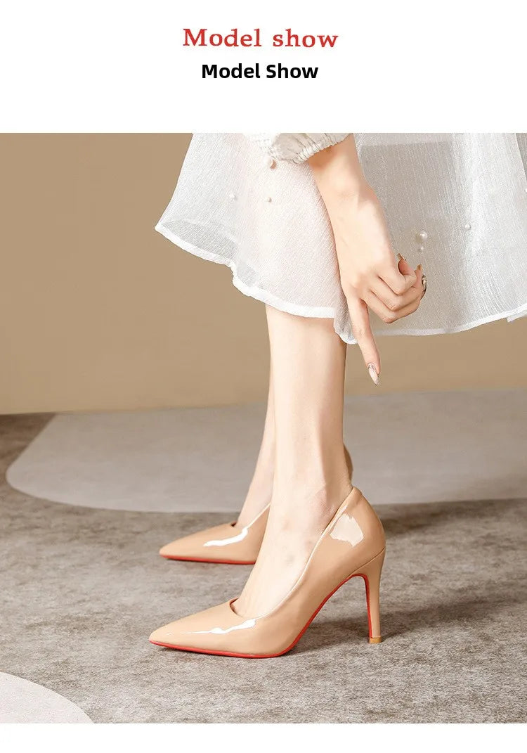 Sexy Nude High Heels Red Sole Women's Shoes Fashionable Thin Heel Single Shoes for Women Super Fibre Leather Inner Material