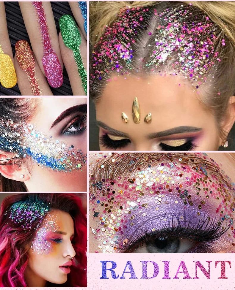 10 piece body glitter gel, carnival face glitter cosmetics suitable for women, shiny thick hair glitter, carnival accessories fo