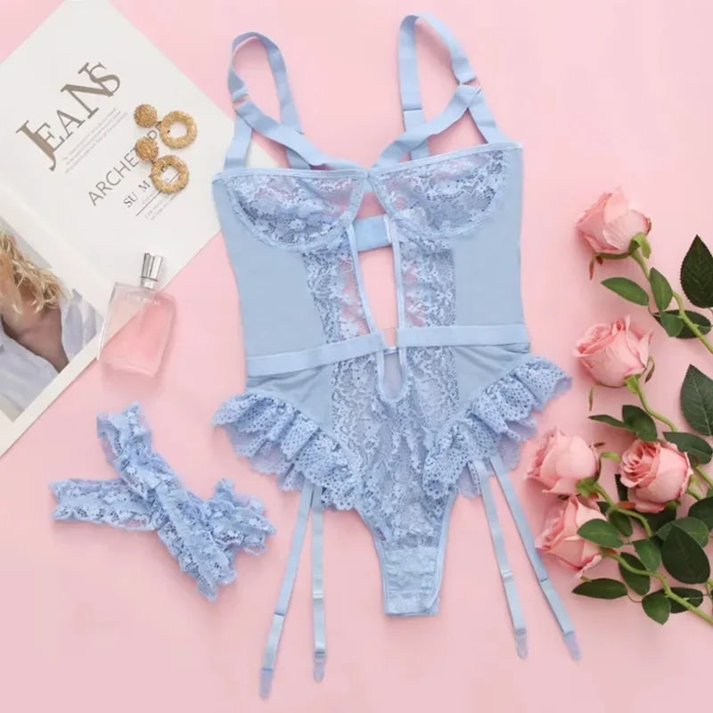 Lingerie Sexy Hot Sensual Bodysuits Sexy Lace Bra Set for Women Cut Out Strappy Bra and Panties Garter Choker Erotic Costumes