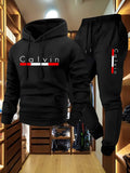 Men's casual jogging sportswear set (hoodie and black sports pants) with rubber material Fashionable sports winter warm-up set.