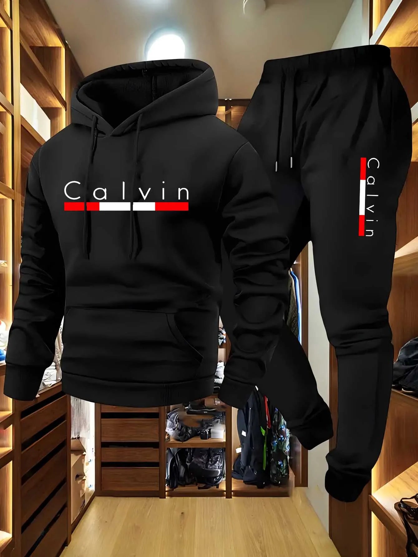 Men's casual jogging sportswear set (hoodie and black sports pants) with rubber material Fashionable sports winter warm-up set.