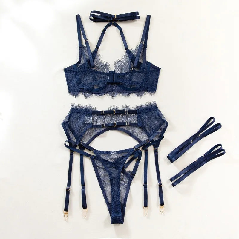 Lingeries Sexy Hot Eyelash Lace Trim Bandage Bra and Panty Lingerie Sets with Garter Belts Women's 3-Pieces Sets Erotic Costumes