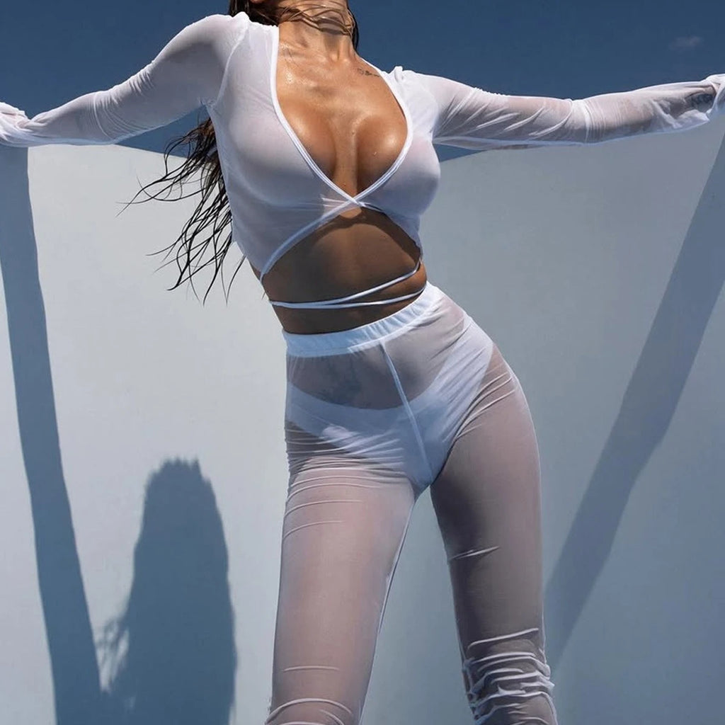 New Comfortable Perspective Mesh Bra Pants Suit Women's Sexy White Body Shaping Underwear Female Pure Desire Cover Up Split Set