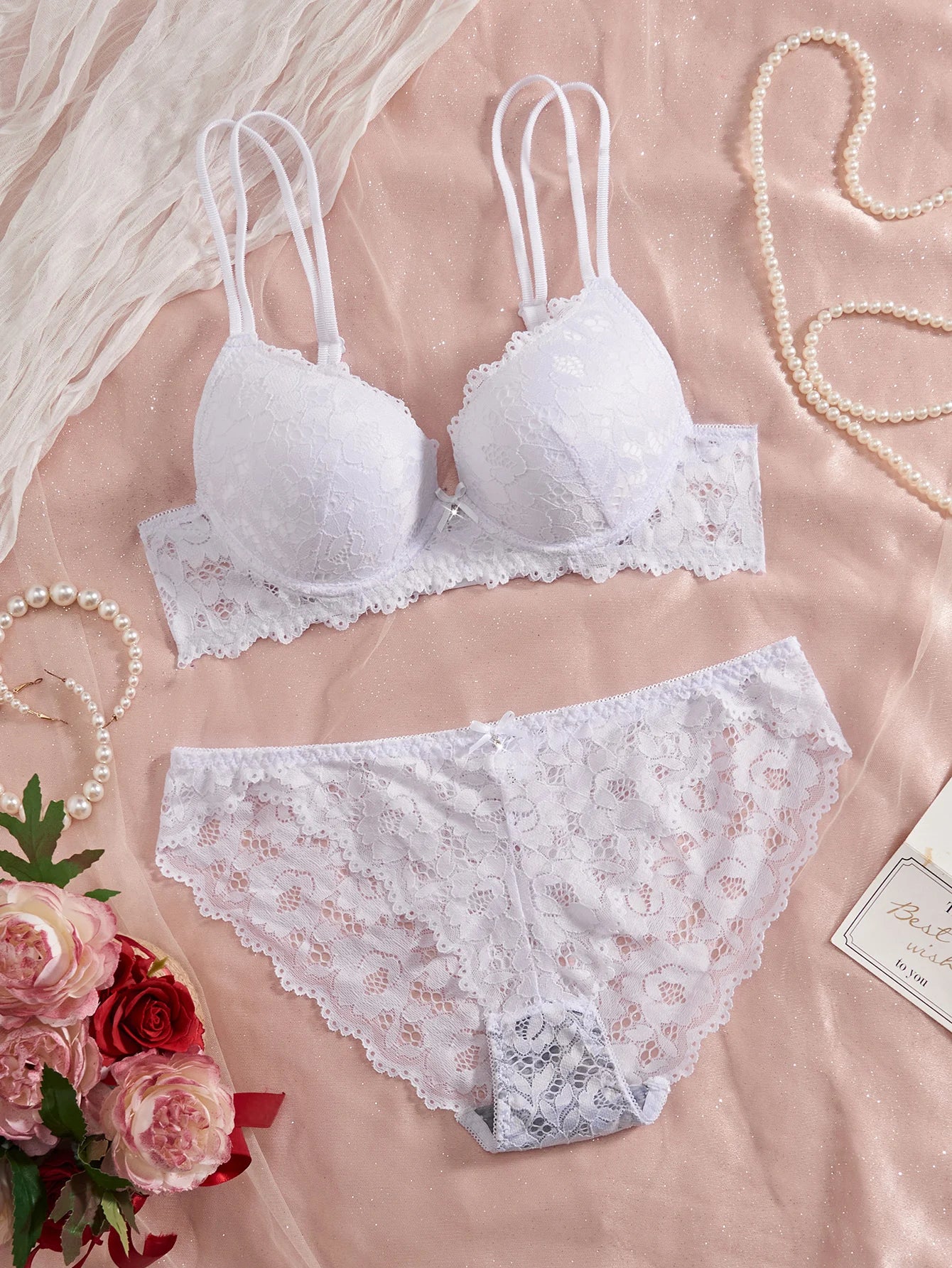 6-Piece Set Women's Bra and Panties Set Sexy Patterned Lace Patchwork No Lining Comfortable Fitting Women's Push-Up Bra Women's Underwear Set