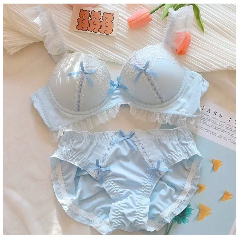 Pink Lace Japanese Style Bra and Panty Sets for Women Lingerie Sexy Bow Push Up Seamless Bras Bralette Mujer Brassiere Briefs