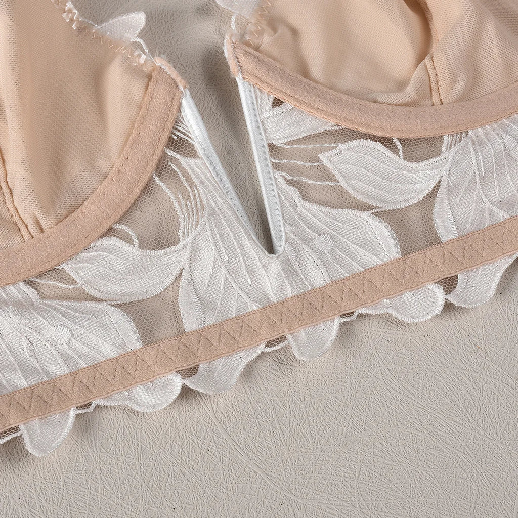 Sexy French Deep V Embroidery Mesh Lingerie Set Autumn Women's Ultra-thin Lace Bra and Panty Set Female Solid See Though Bra