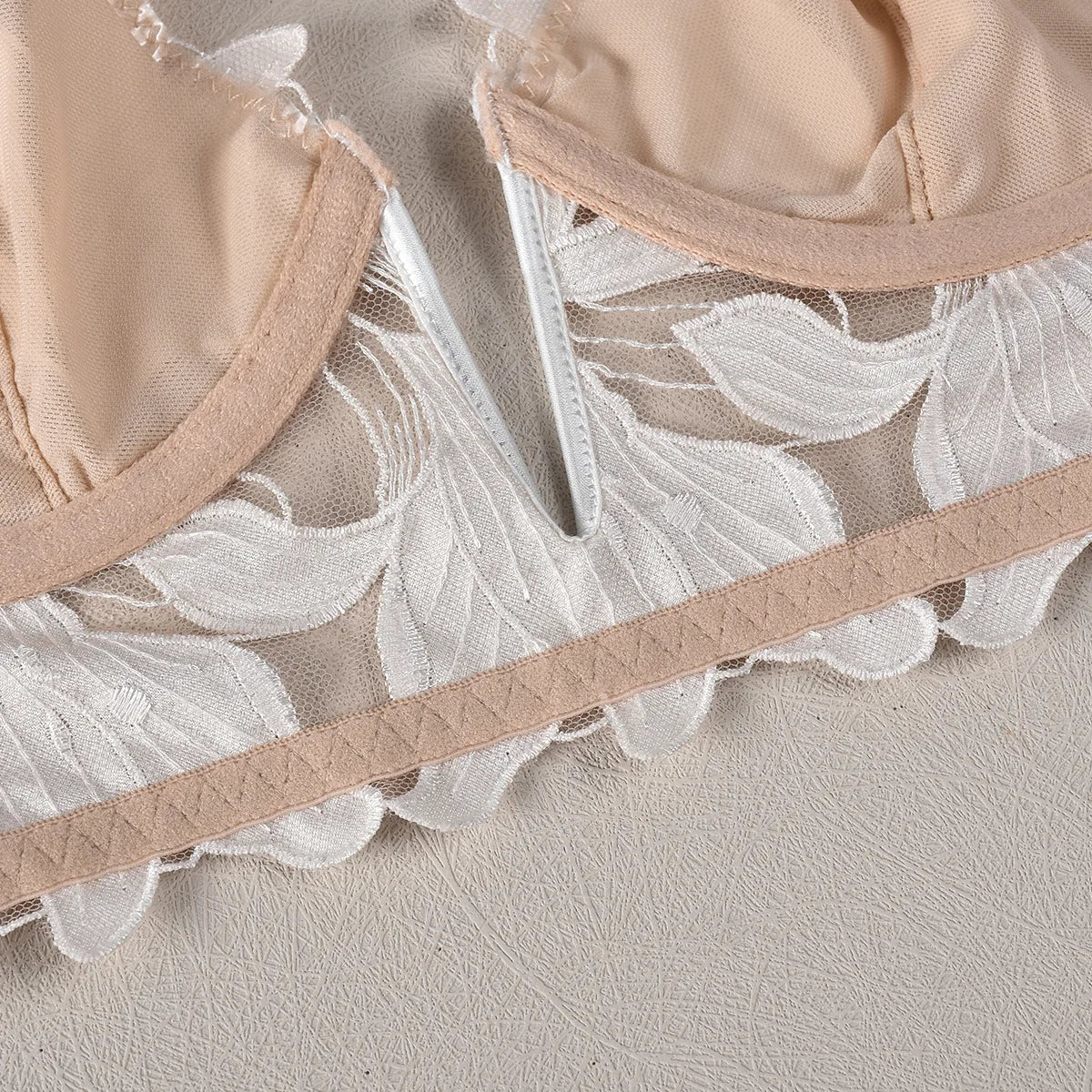 Sexy French Deep V Embroidery Mesh Lingerie Set Autumn Women's Ultra-thin Lace Bra and Panty Set Female Solid See Though Bra