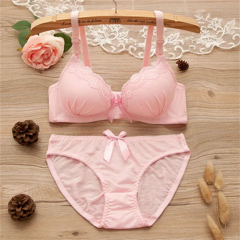 2pcs/set Solid Color Lace Bow Sexy No Steel Rings Comfortable Girls Bra Gather Adjustable Bra Panties Set Teen Underwear Puberty
