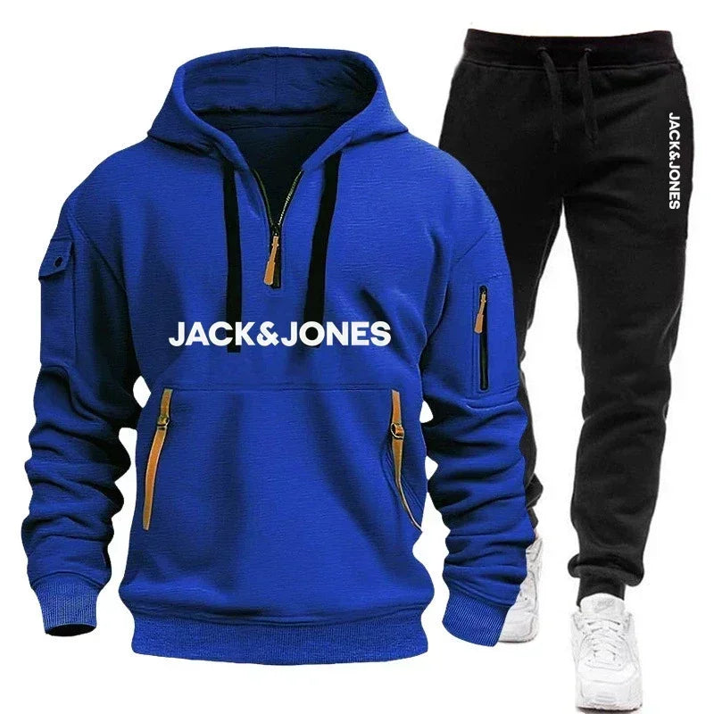 A two-piece outdoor fashion jogging and fitness set for men in autumn and winter, featuring a hooded sweatshirt and casual pants
