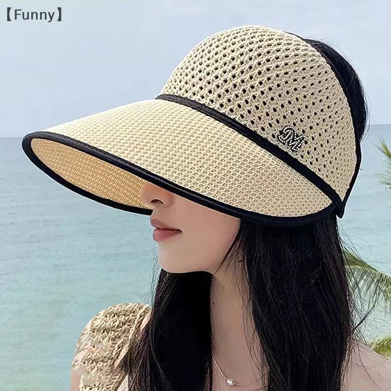 Summer Straw Empty Top Sun Hat For Women Wide Large Brim Visors Hat Travel Sun Hat Women's Hat Beach UV Protection Caps