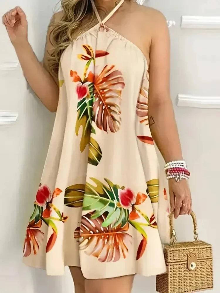 Summer Plus Size 1XL-5XL Women's Fashion Elegant Floral Print Halter Loose Dress Ladies Casual Sleeveless Summer Beach Dress
