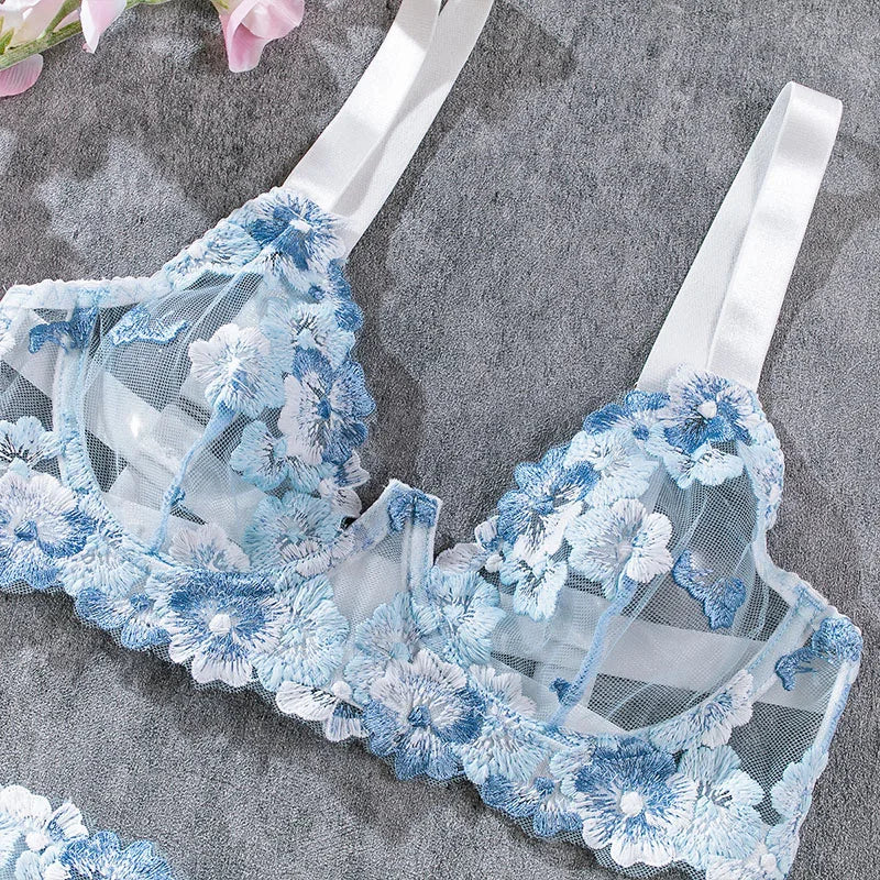 Women Bra and Briefs Sets Lace Flower Embroidery Sexy Perspective Underwire Erotic Lingerie Panty Two-Piece Underwear Set 2026