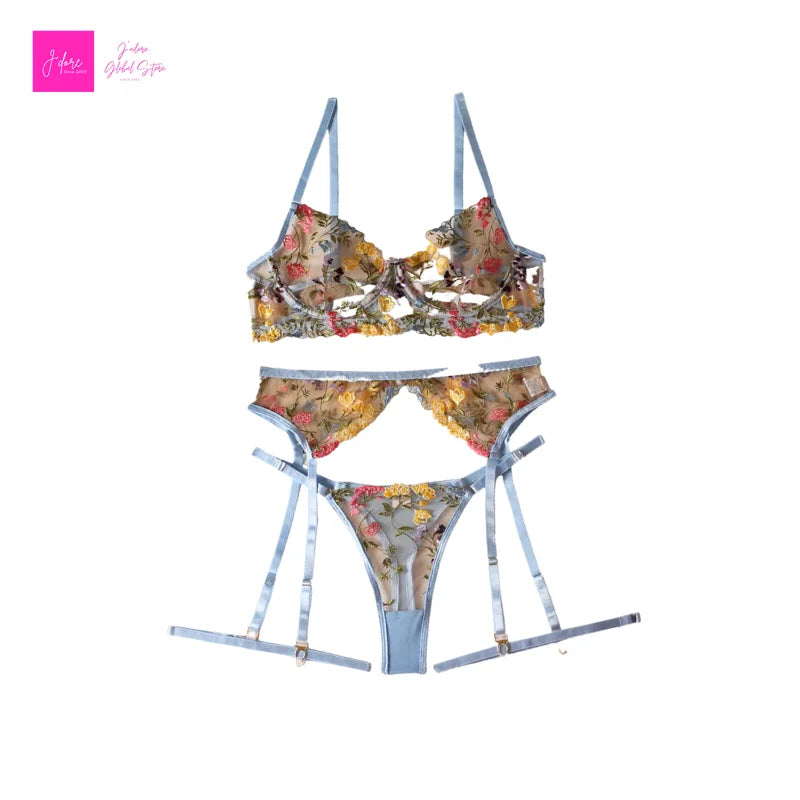 Lingerie Set Sensual Lace Underwear Transparent Embroidery 3 Pcs Garters Fancy Beautiful Short Skin Care Kits Intimate Bra Set