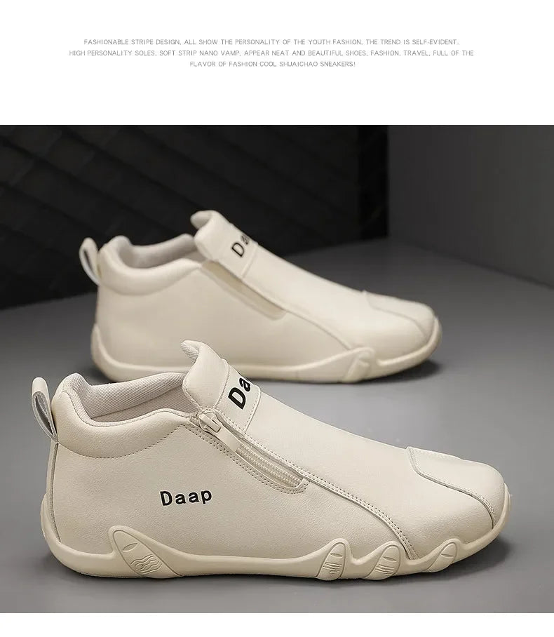 Men's Leather Shoes Ankle Boots Casual Leather Loafers Zipper Comfortable Formal Flat Solid Color White Shoes Driving Moccasins