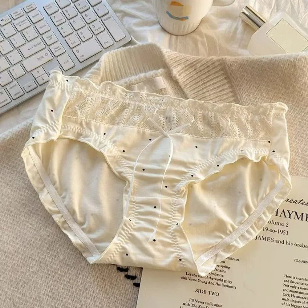 Lingerie Mid-waist Underwear Women Ruffle Patchwork Cotton Bow Briefs Dots Underpants Sweet Panties Summer