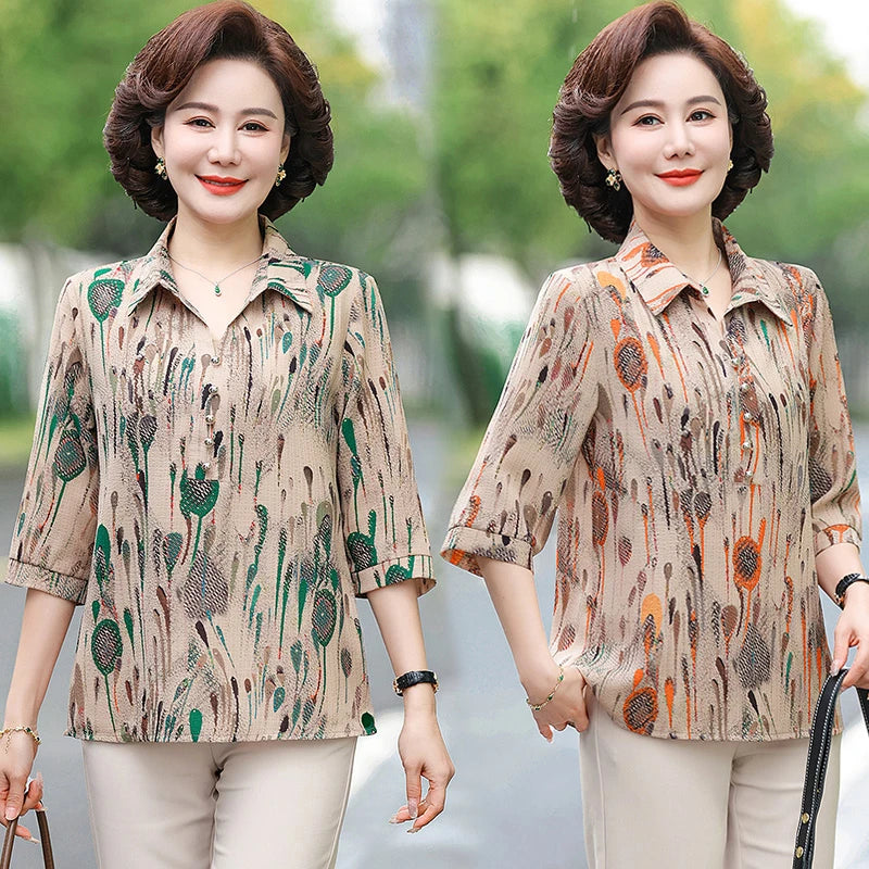 Summer Plus Size Shirt For Women's 2025 Printed Loose Top Mulberry Silk Blended Vacation Work Women's Clothing