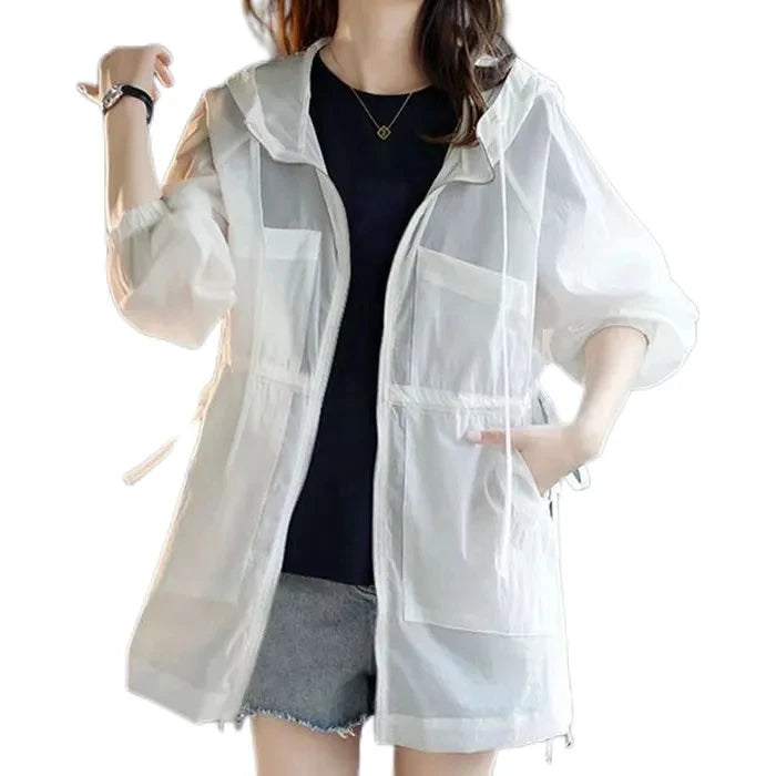 Summer Sunscreen For Women 2025 New Drawstring Waist Mid-length Thin Windbreaker UV Protection Cardigan Lightweight Trench Coat