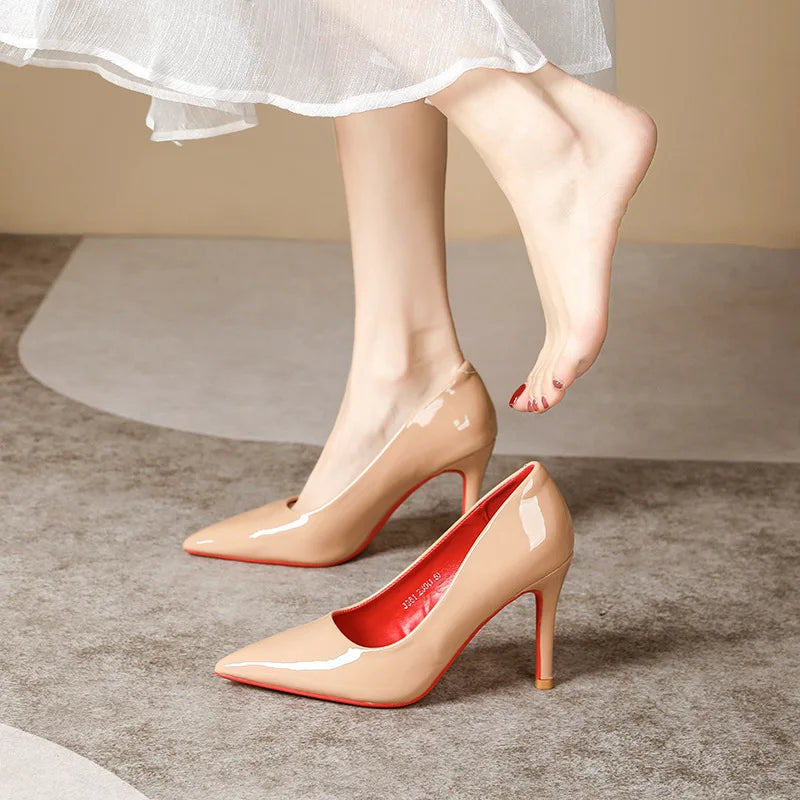 Sexy Nude High Heels Red Sole Women's Shoes Fashionable Thin Heel Single Shoes for Women Super Fibre Leather Inner Material