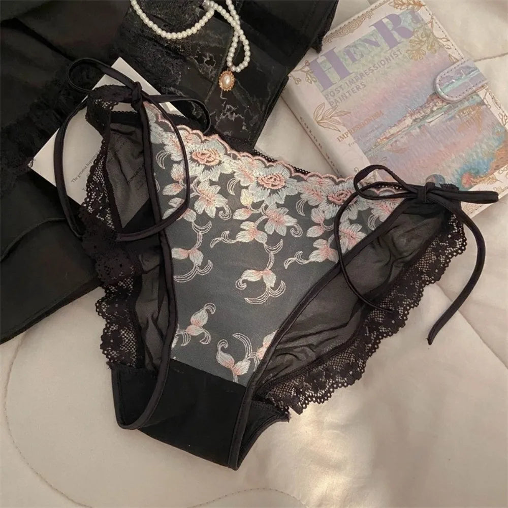 Lingerie Low Waist Embroidery Flower Panties Cotton Crotch Sweet Underwear for Women Transparent Mesh Lace Briefs Girl