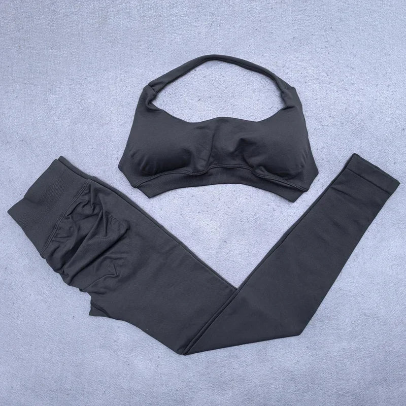 Gym Set 2pcs Women Backless Yoga Bra Top Workout Scrunch Pants Sports Suit Fitness Clothes Seamless Outfits Yoga Leggings