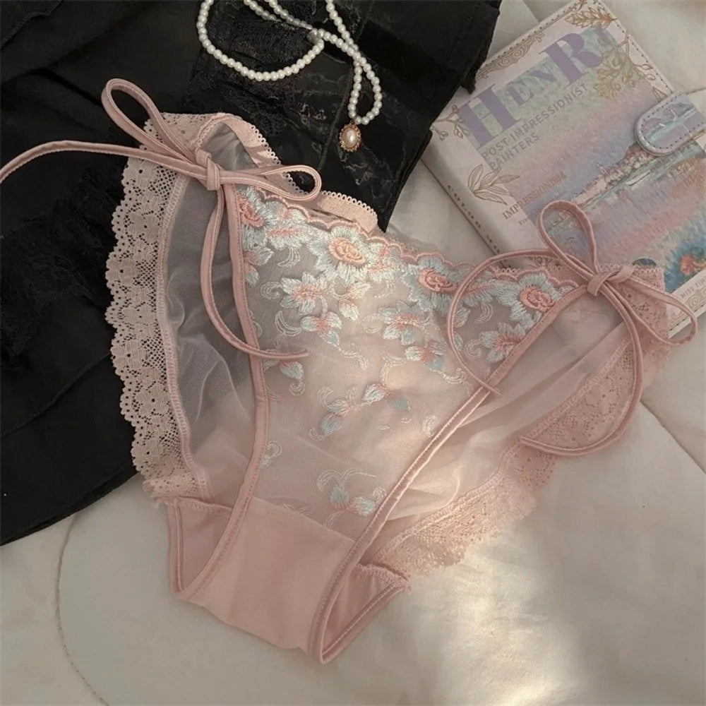 Lingerie Low Waist Embroidery Flower Panties Transparent Sweet Underwear for Women Cotton Crotch Mesh Lace Briefs Girl