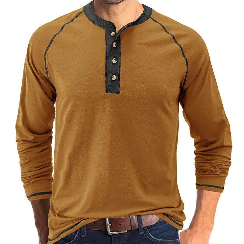 Summer  Autumn Men's American Heavy Cotton Henry Shirt  Long Sleeve Fitness Tough Guy T-Shirt Casual  T Shirt for Men Clothing