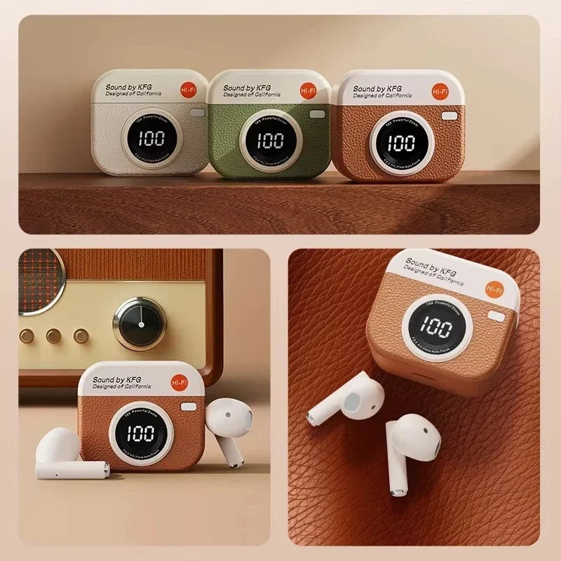 Bluetooth 5.4 vintage fashion wireless earphones, suitable for laptops, tablets, smartphones, and sports fitness, with LED displ