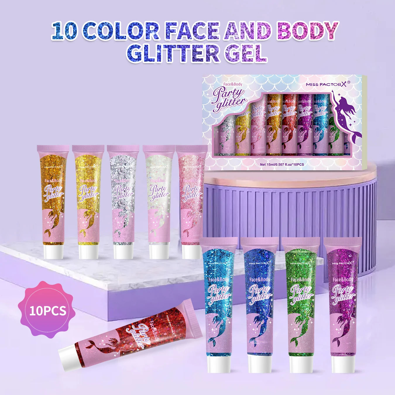 10 piece body glitter gel, carnival face glitter cosmetics suitable for women, shiny thick hair glitter, carnival accessories fo