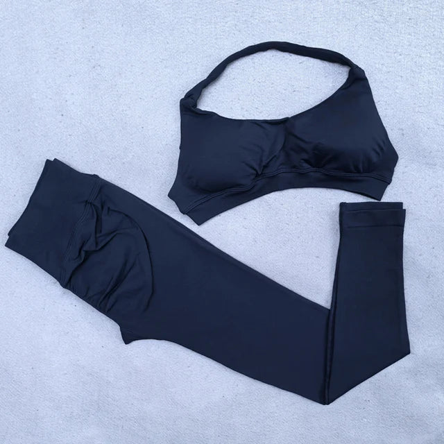 2 Pieces Yoga Set Women Seamless Scrunch Leggings Set Halter Sports Bra Fitness Gym Set Workout Clothes Sportswear