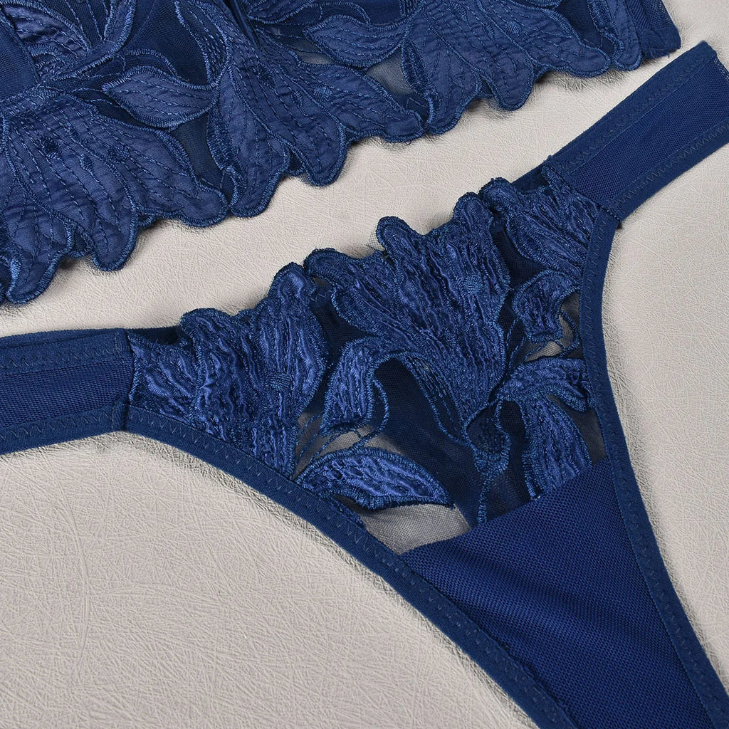 Sexy French Deep V Embroidery Mesh Lingerie Set Autumn Women's Ultra-thin Lace Bra and Panty Set Female Solid See Though Bra
