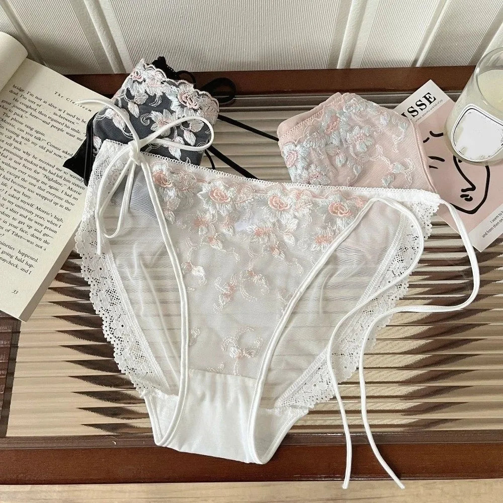 Lingerie Low Waist Embroidery Flower Panties Transparent Sweet Underwear for Women Cotton Crotch Mesh Lace Briefs Girl
