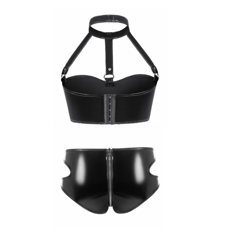 Womens Lingerie Intimates Underwear Set Rave Wet Look Patent Leather Wire-free No Padded Belly Bra Top with Zipper Panty Briefs