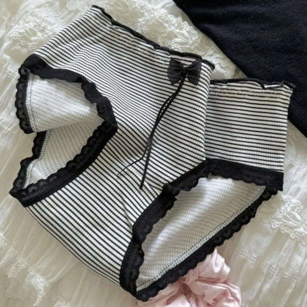 Lingerie Mid-waist Underwear for Women Ruffle Stripe Sweet Cotton Panties Underpants Dots Bow Briefs Girl