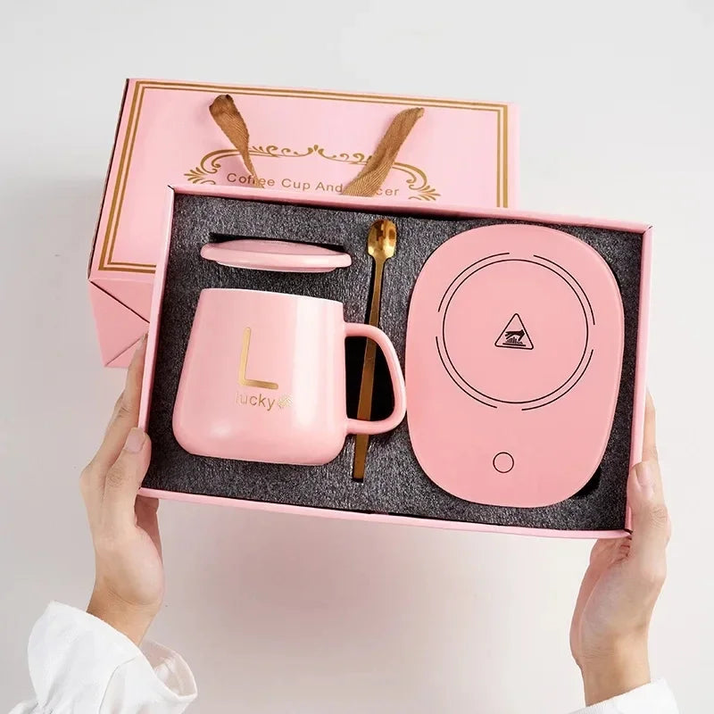 Portable USB Rechargeable Heating Cup 55℃ Thermal Ceramic Mug with Stainless Steel Spoon Gift Set for Travel Office Gift