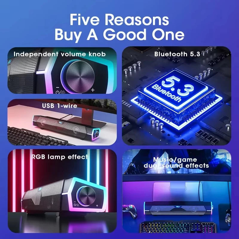 Bluetooth Speaker Bar for Home Audio and Video with 4D Surround Sound Subwoofer Wired Wireless RGB for TV PC