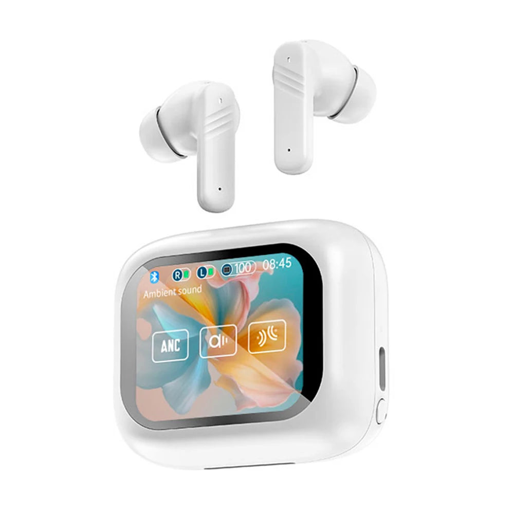 Bluetooth 5.4 ANC Headset Color Screen Touch Active Noise Cancellation Earbuds HIFI Stereo Sports Waterproof Earphones