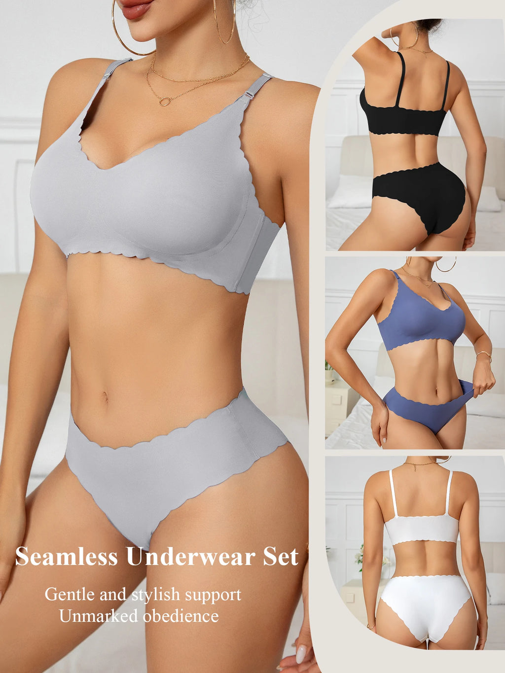 1 Set Solid Color Seamless Bra Panties Women Underwear Set Soft Breathable Removable Padding Ruffled Bralette Ultra-thin Briefs