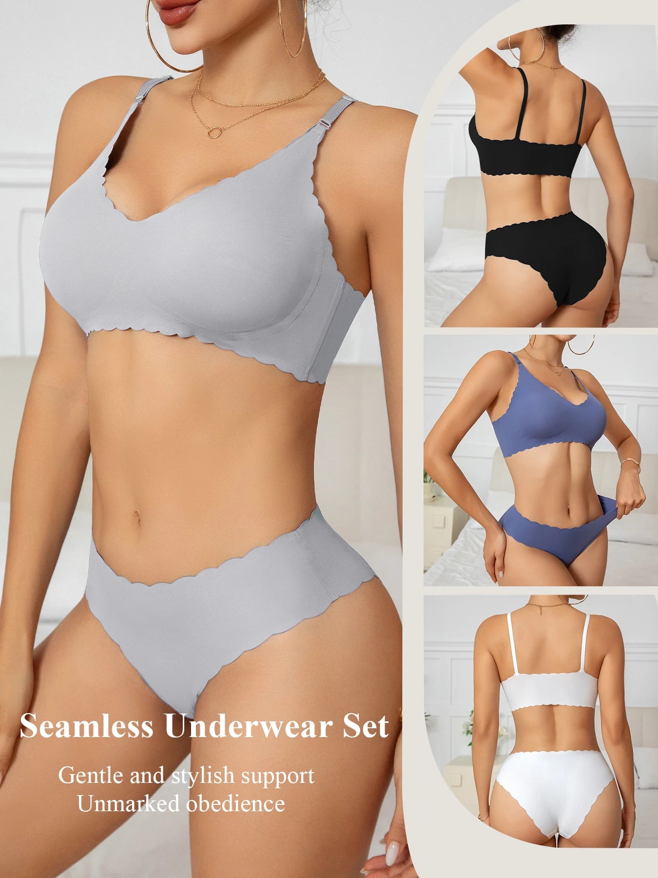 1 Set Solid Color Seamless Bra Panties Women Underwear Set Soft Breathable Removable Padding Ruffled Bralette Ultra-thin Briefs