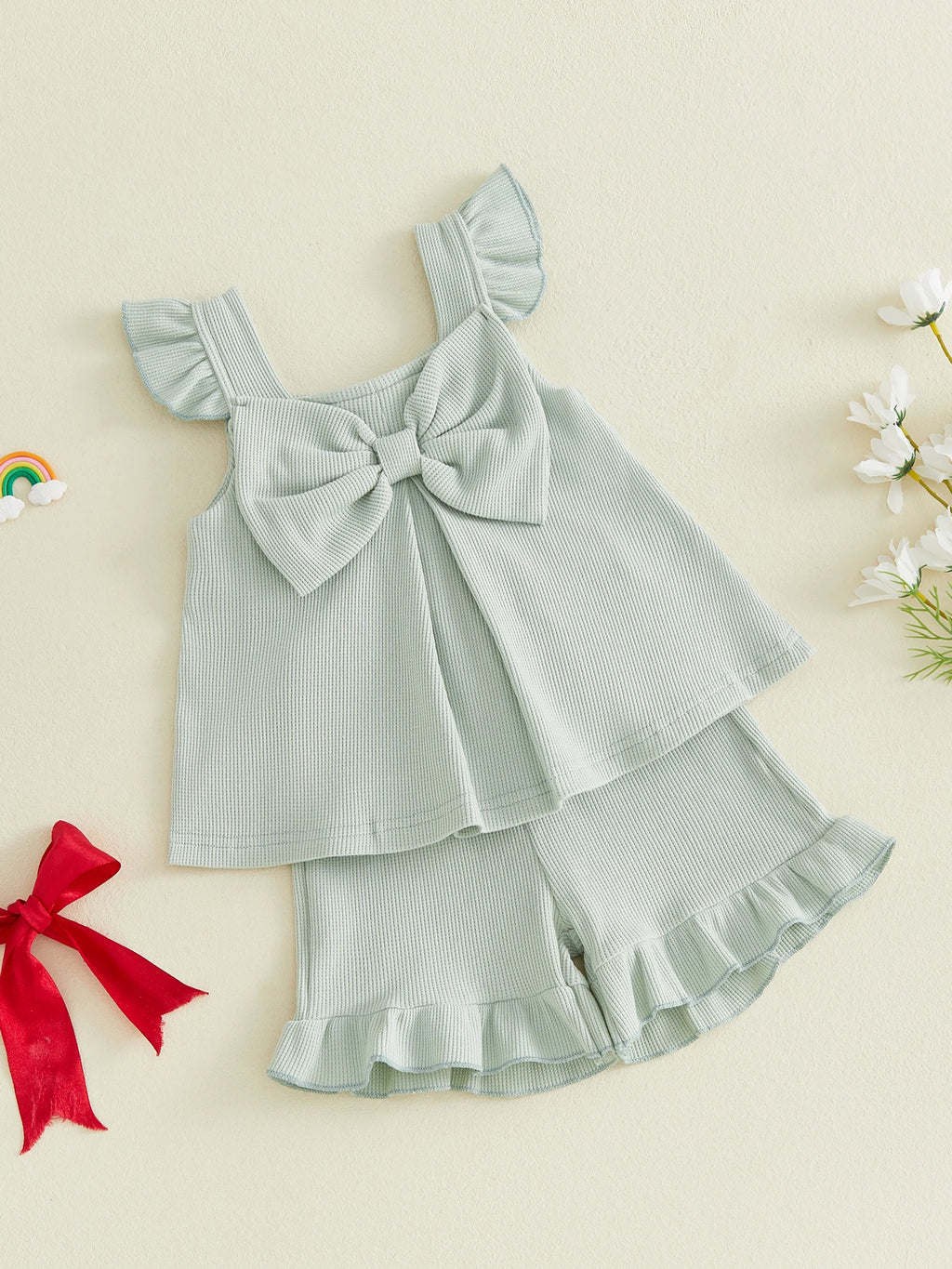 Summer Kids Girls Outfits Solid Color Flying Sleeve Tops Shorts Casual Clothes Set