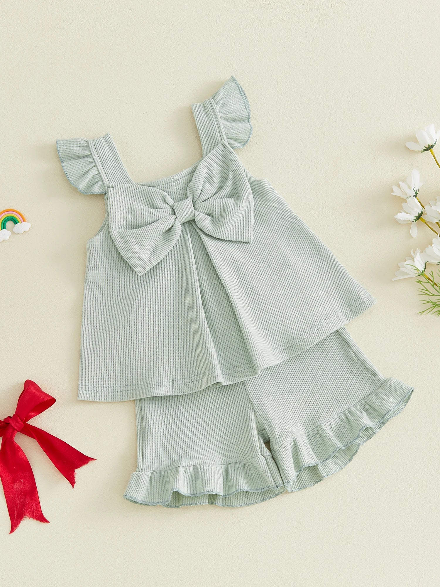 Summer Kids Girls Outfits Solid Color Flying Sleeve Tops Shorts Casual Clothes Set