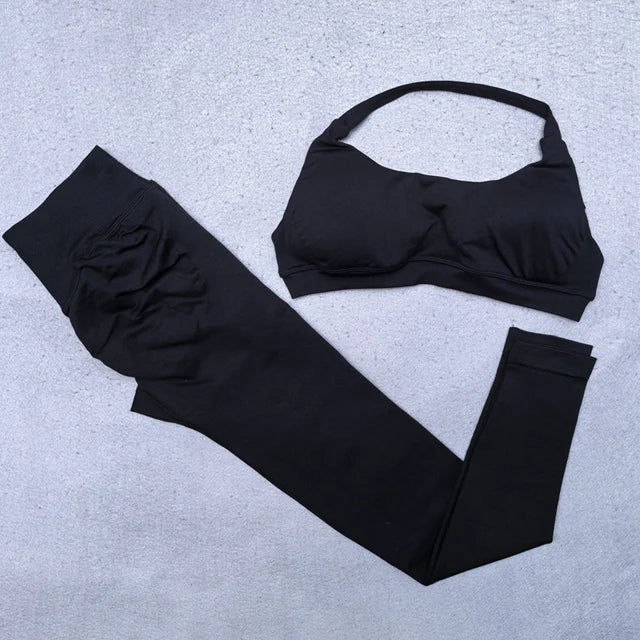 2 Pieces Yoga Set Women Seamless Scrunch Leggings Set Halter Sports Bra Fitness Gym Set Workout Clothes Sportswear